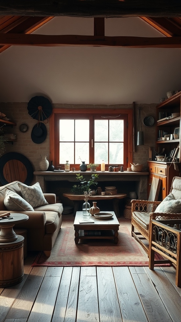 A cozy rustic living room featuring wooden beams, comfortable seating, and artisanal decorations.