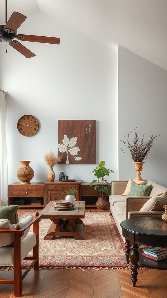 A cozy neutral living room featuring artisan craftsmanship with a wooden coffee table, botanical artwork, and natural decor elements.