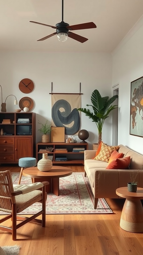 A modern boho living room featuring artisan craftsmanship with unique furniture and decor elements.