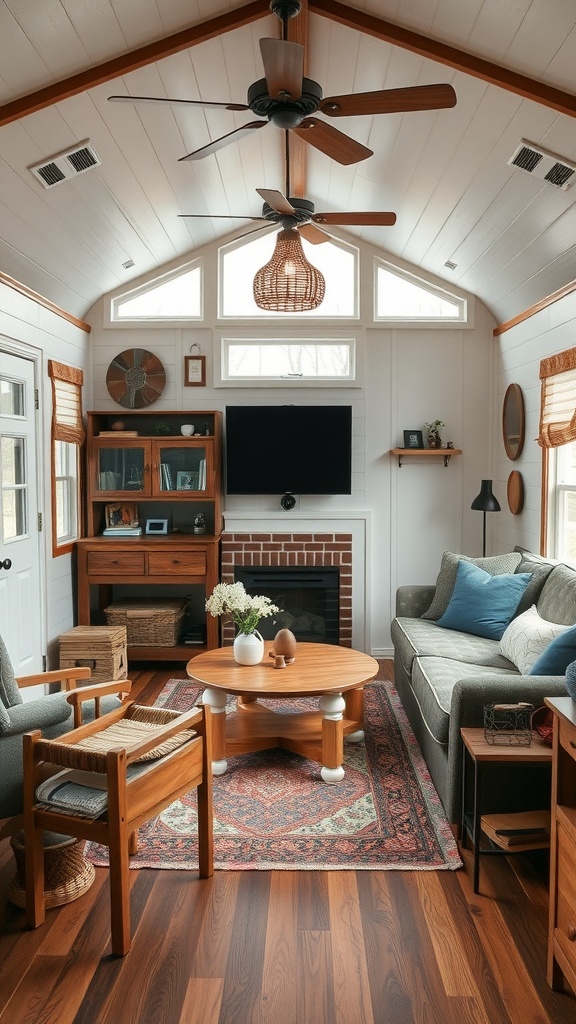 A cozy mobile home living room showcasing artisan craftsmanship with wooden furniture, a round coffee table, and natural decor.