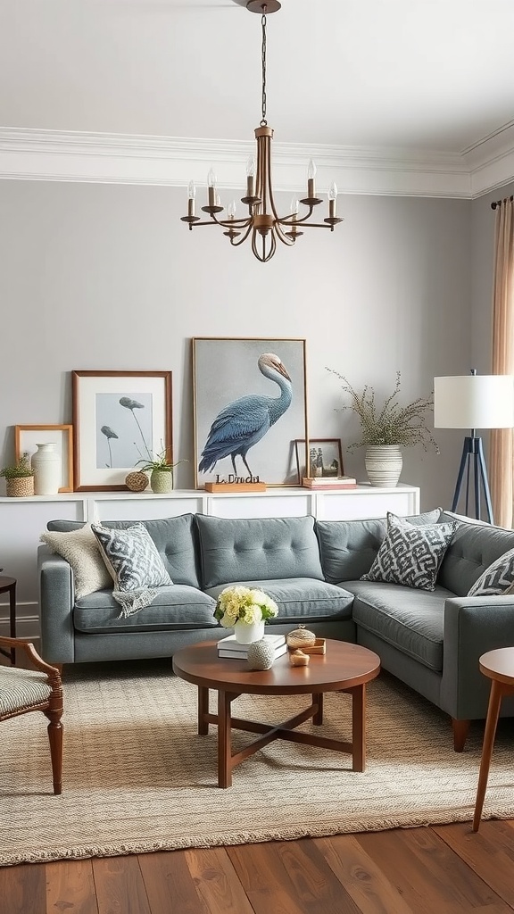 A cozy artisan gray living room featuring a gray sectional sofa, a round wooden coffee table, and artistic wall decor.