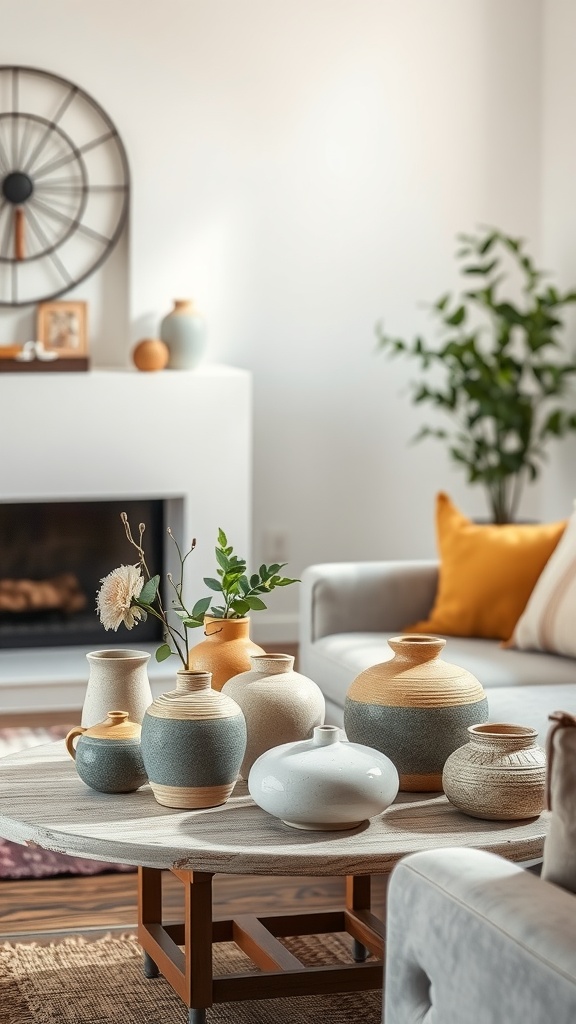 A cozy living room with various artisan pottery in grey and yellow displayed on a coffee table