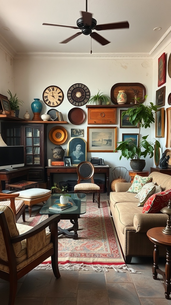 A vintage living room with artisan handcrafted decor, featuring wall art, a cozy sofa, and plants.