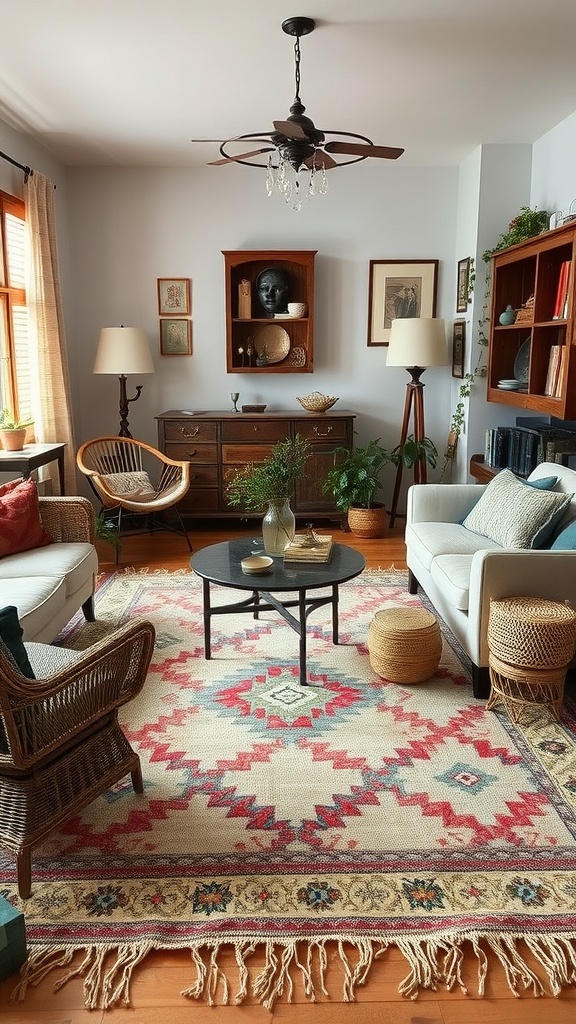 A cozy living room featuring a handwoven rug with intricate designs and warm colors, complemented by comfortable furniture and decor.