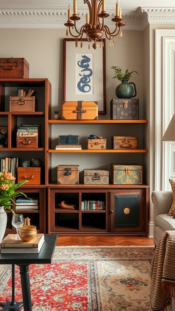 A cozy living room featuring artisan storage boxes on shelves, with a mix of wood tones and decorative plants.