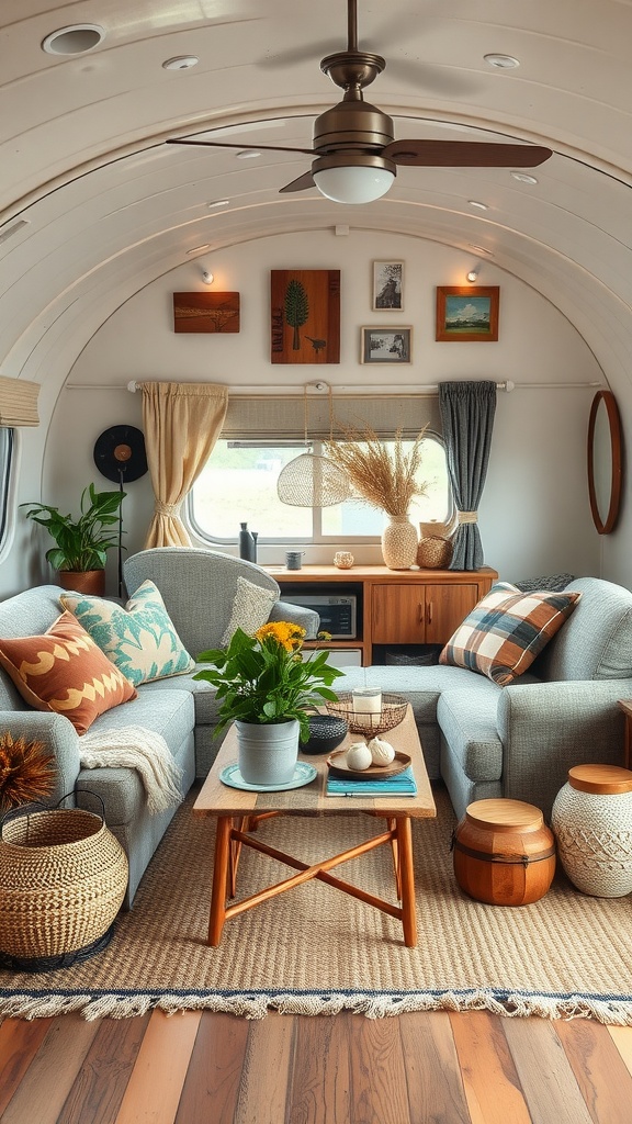 A cozy trailer house living room featuring handmade decor, plants, and artisan touches.