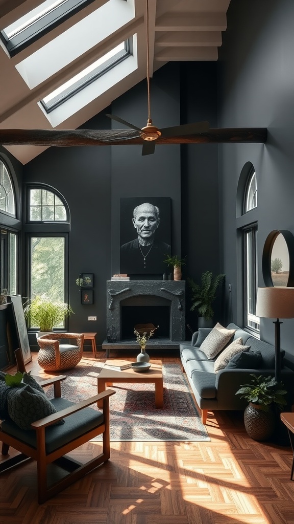 A cozy black sunken living room with artisan decor and natural materials.