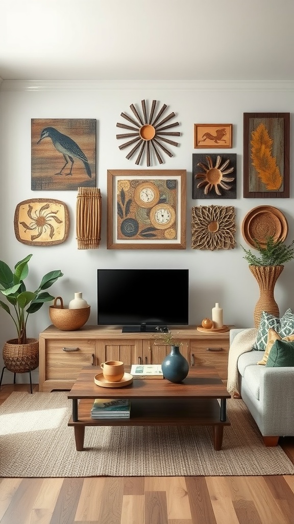 A modern rustic living room featuring a variety of artisan wall art pieces, including woven items and wooden frames.