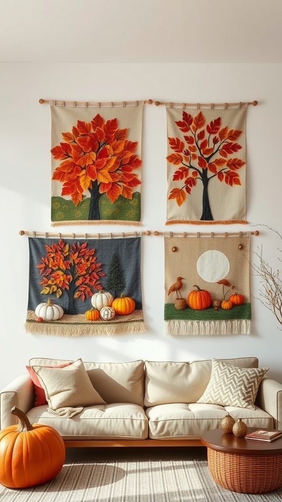 Artisan wall hangings depicting fall themes with pumpkins and colorful leaves