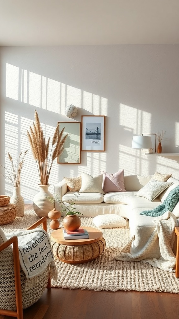 Cozy living room with white textures, natural materials, and warm sunlight