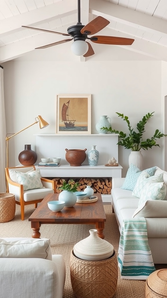 Coastal living room with artisanal ceramics and pottery, featuring a light color palette and natural textures.