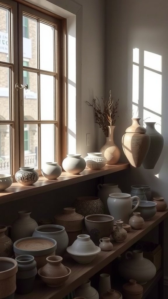 A wooden shelf displaying various artisanal pottery pieces basking in sunlight from a window.