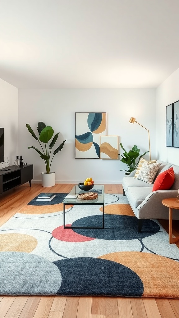 Living room featuring an artistic abstract rug with colorful circles, a modern sofa, and plants.