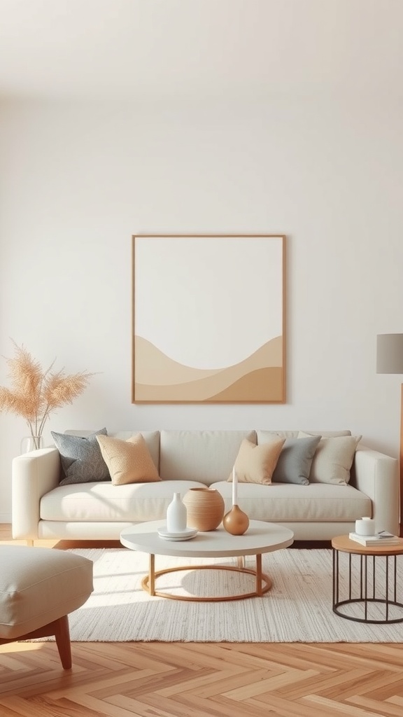 Living room with beige and white color scheme featuring an abstract wall art piece