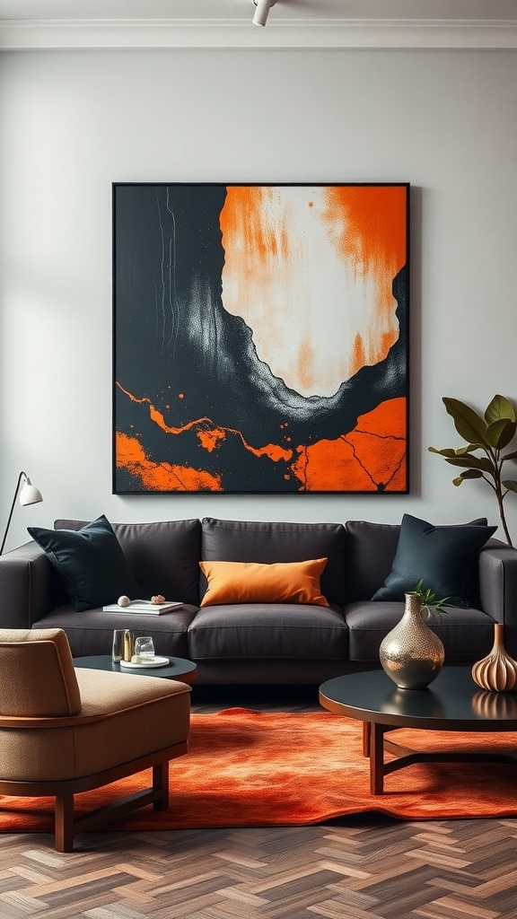 A stylish living room featuring black and burnt orange artwork, with a sofa and coffee table.