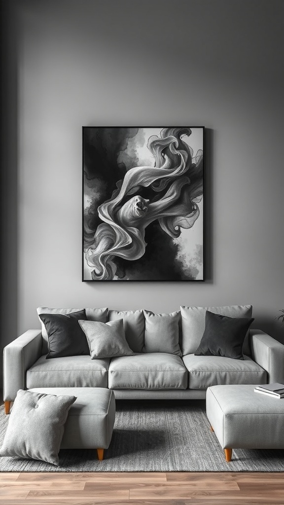 A stylish black and grey living room featuring an artistic black and grey artwork above a comfortable grey sofa.