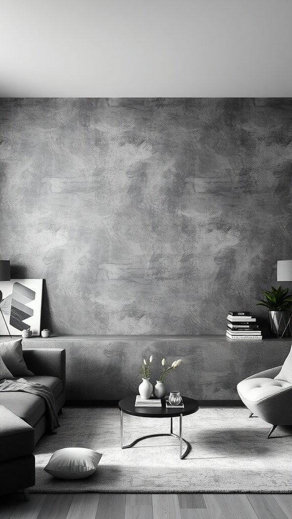 Living room with an artistic black and grey wall mural, featuring modern furniture and decorative items