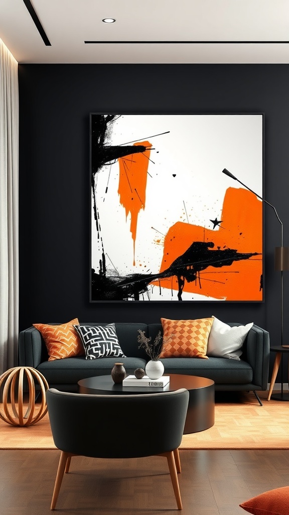 A modern living room featuring black and orange abstract artwork on a black wall, with a stylish couch and decorative pillows.