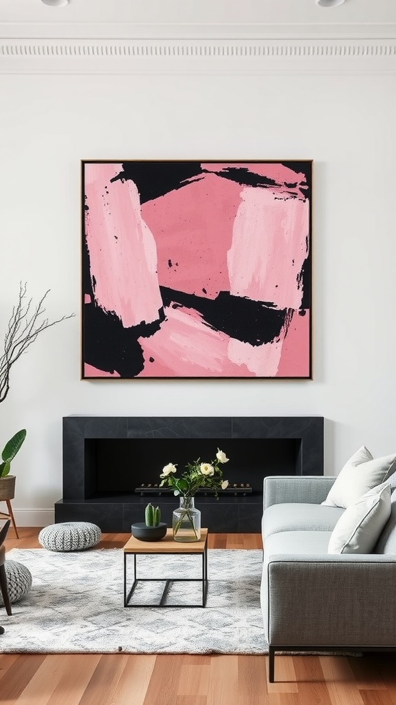 A living room featuring a large abstract painting with pink and black strokes, complemented by modern furniture and decor.