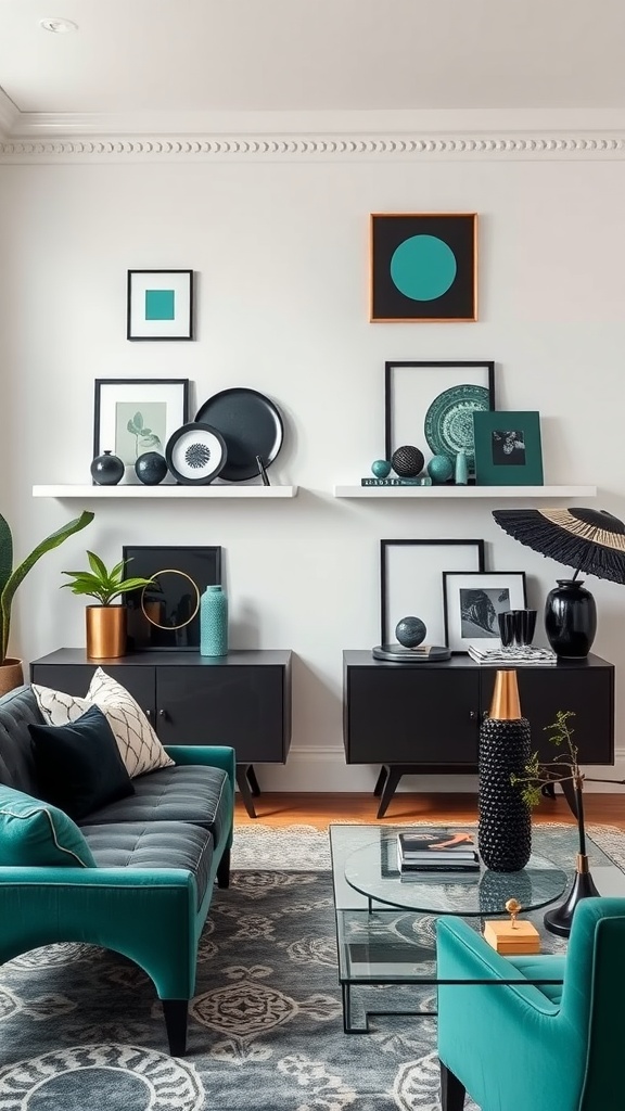 A modern living room featuring teal furniture and black decor accessories.