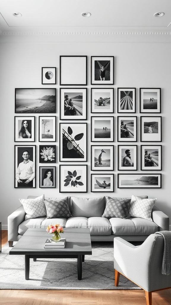 A stylish living room with a black and white gallery wall art arrangement