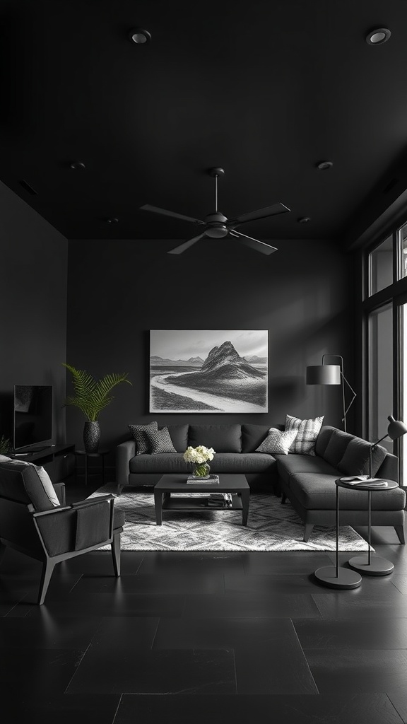 Living room with black walls and ceiling, featuring modern furniture and a mountain landscape artwork.