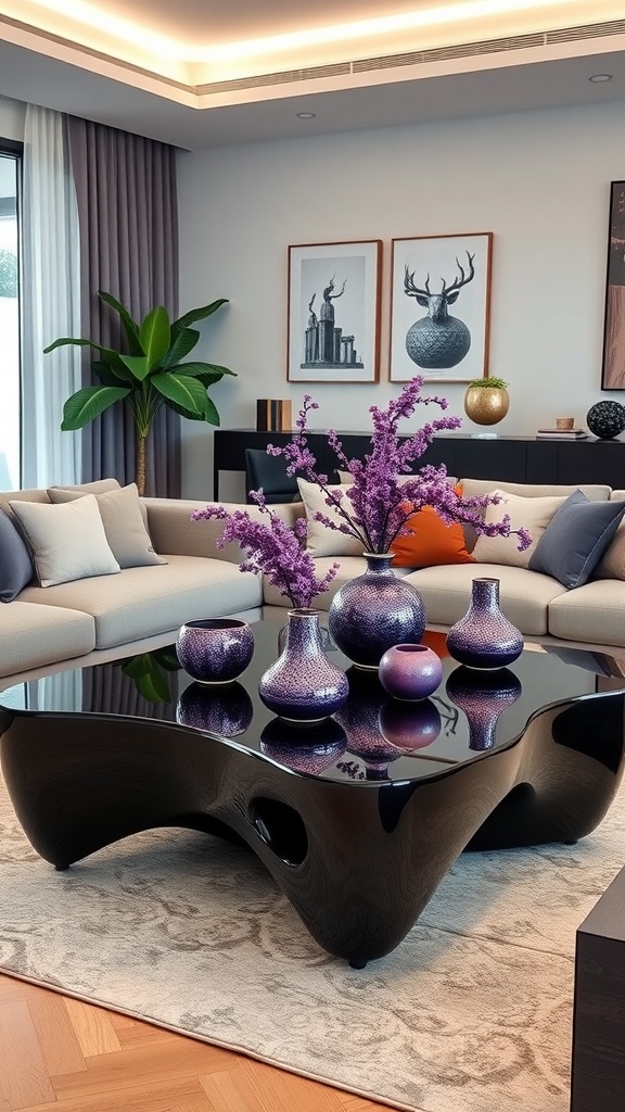 A stylish black coffee table surrounded by purple decorative vases and flowers in a modern living room