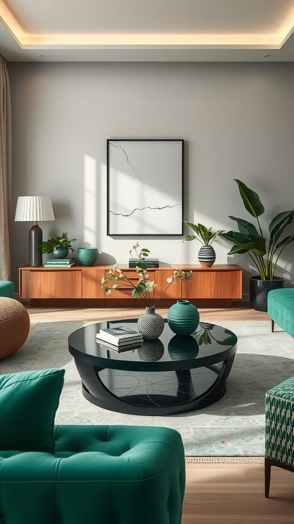 A stylish living room featuring a black coffee table surrounded by emerald green furniture and natural decor elements.