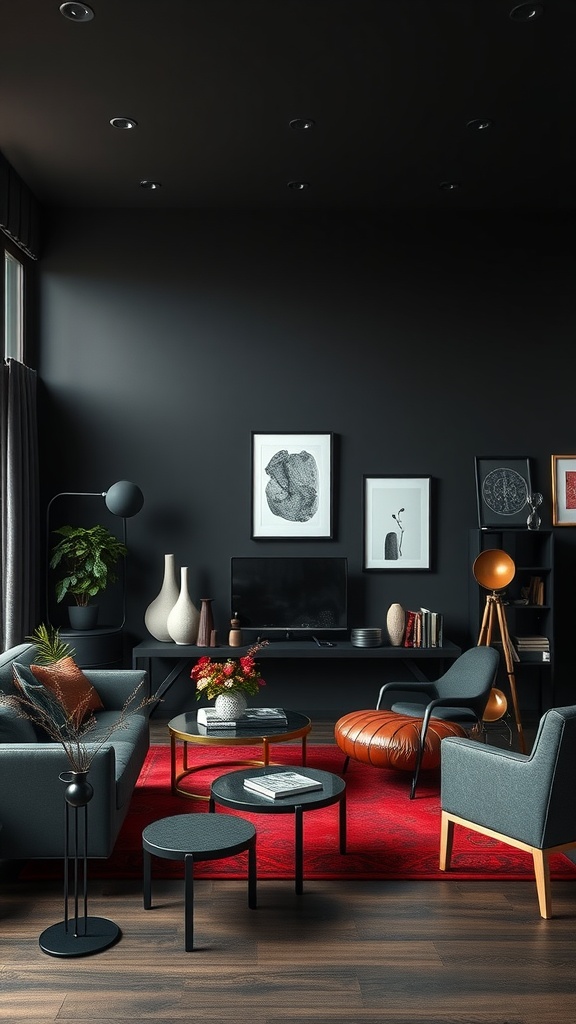 A stylish living room featuring black furniture, gray sofa, colorful accents, and artistic wall decor.