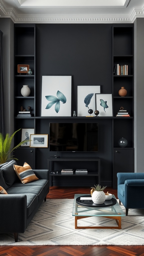 A modern living room featuring black shelving with art prints, decorative vases, and a cozy seating area.