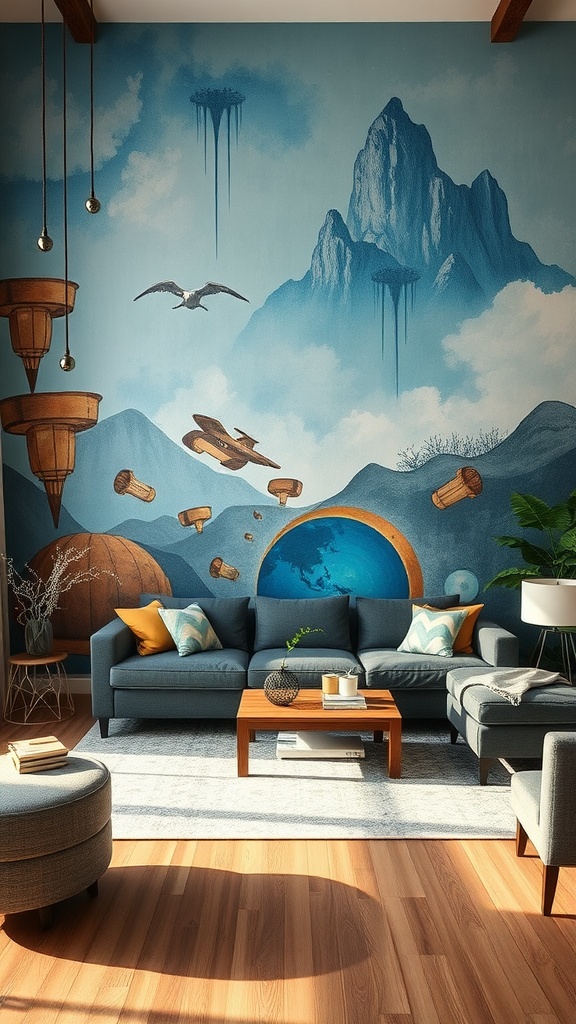 A living room with a blue and brown mural depicting mountains and a serene sky, featuring modern furniture.