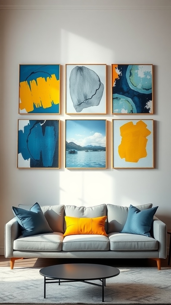 A living room with blue and yellow wall art featuring six framed paintings above a light gray sofa with blue and yellow cushions.