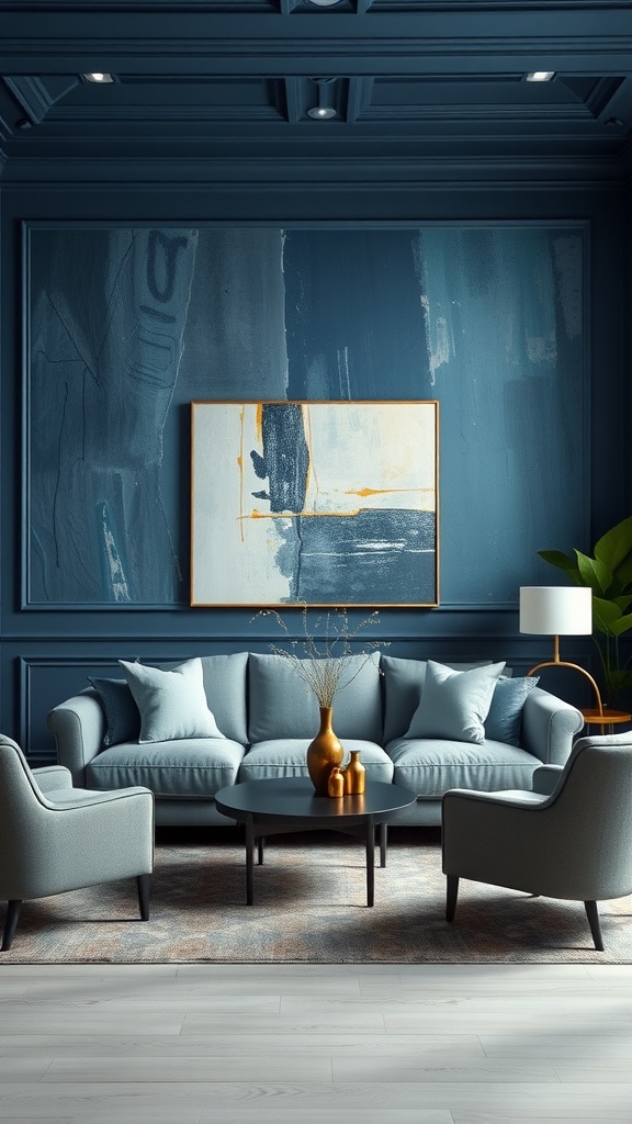 A living room featuring artistic blue murals with gray furniture, creating a cozy and stylish atmosphere.