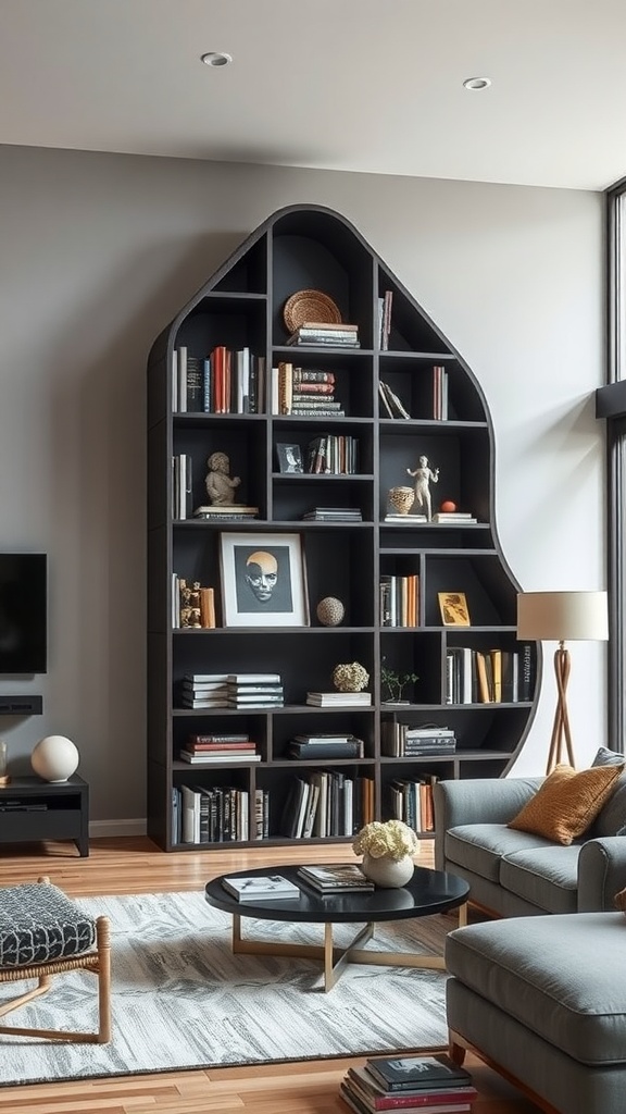 A stylish, uniquely shaped black bookshelf in a modern living room with decorative items and books.