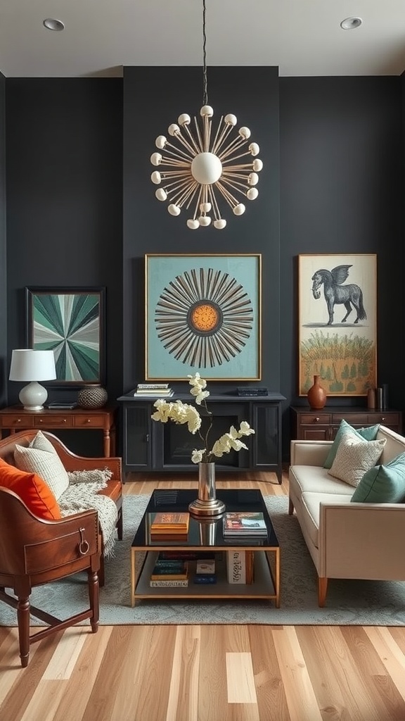 A stylish living room featuring a coffee table with flowers, colorful cushions, and artistic wall decor.