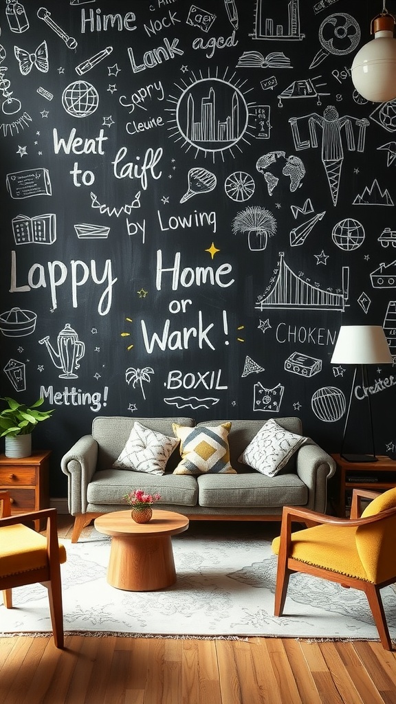 Living room with a chalkboard wall filled with doodles and sketches