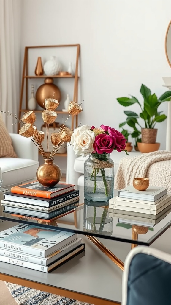 A stylish coffee table with flowers, decorative books, and a cozy throw.