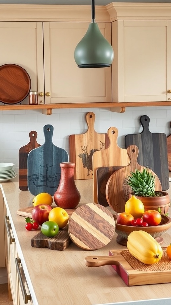 A variety of artistic cutting boards displayed on a kitchen island with colorful fruits and vegetables.