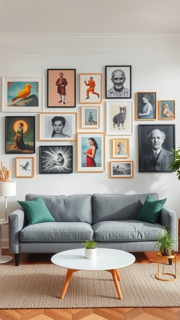 A grey couch in a living room with a gallery wall of framed artwork, including portraits and colorful illustrations, complemented by a white coffee table and plants.