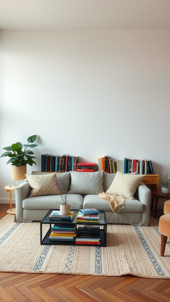 A cozy minimalist bohemian living room with books displayed on shelves and a coffee table, featuring plants and soft furnishings.