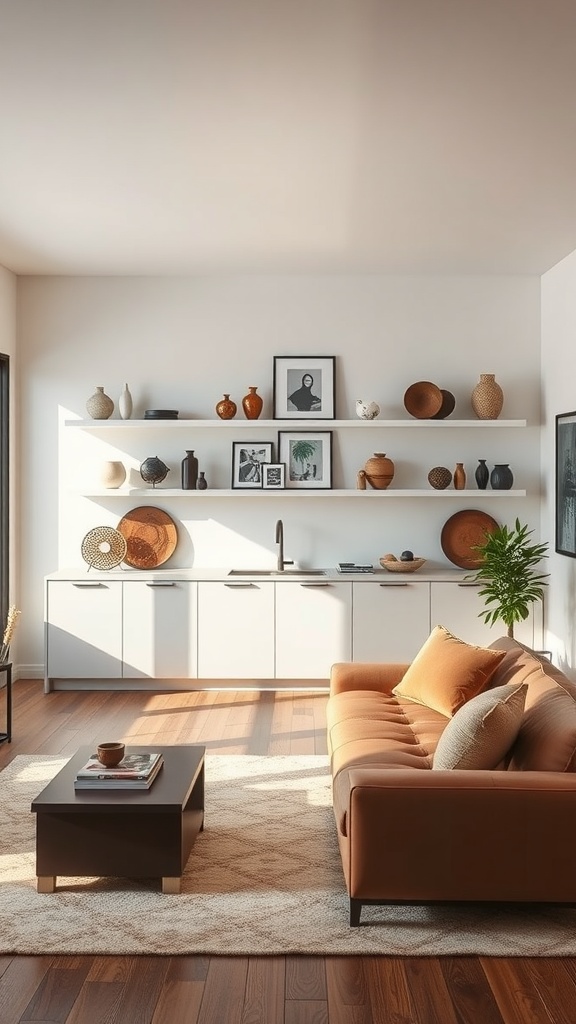 A modern open kitchen living room featuring artistic display shelves with various decorative items and a cozy couch.