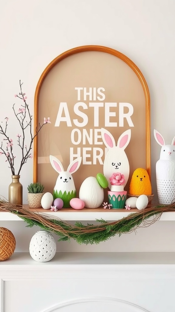 Easter-themed mantel decor with bunnies, eggs, and a playful sign.