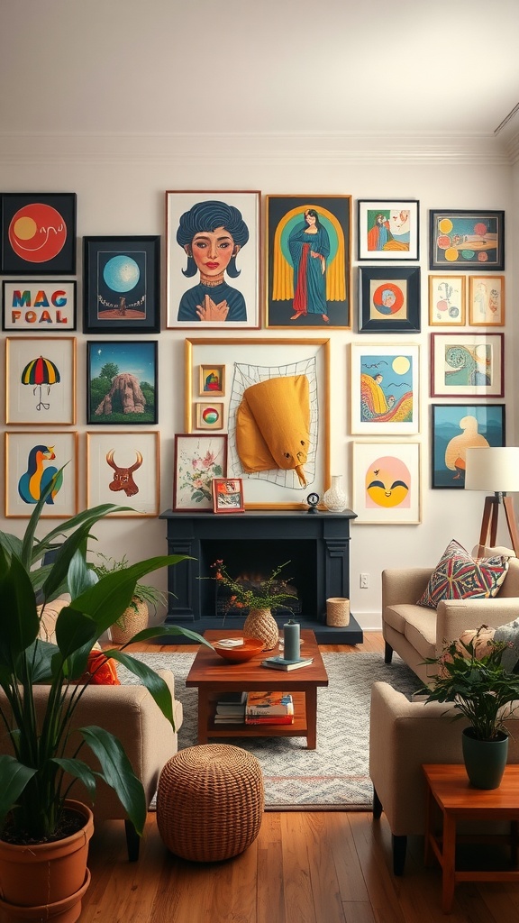 A cozy living room featuring a gallery wall filled with various framed artworks, plants, and comfortable seating.