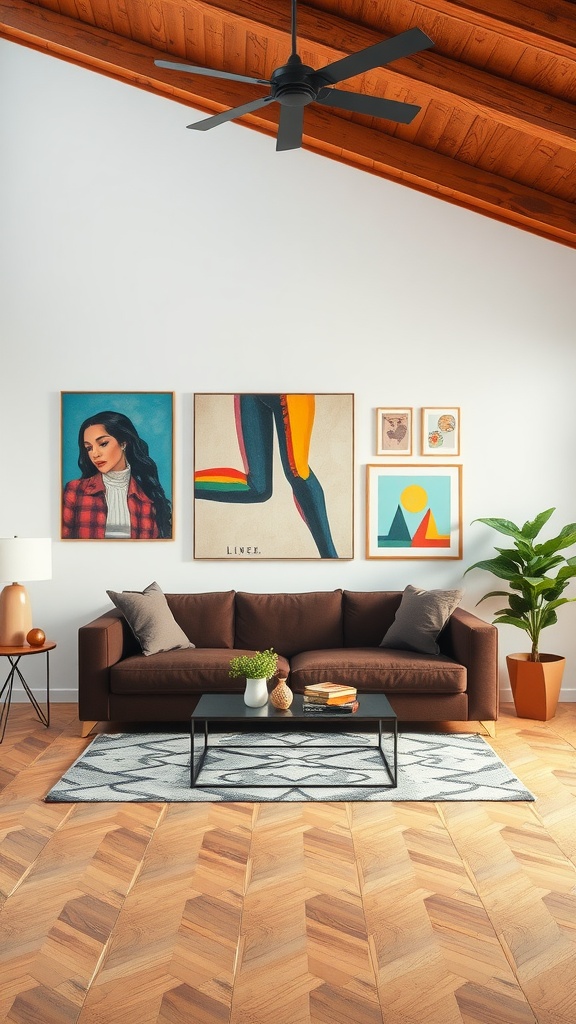 Living room featuring a dark brown sofa, unique artwork on the walls, and a cozy atmosphere