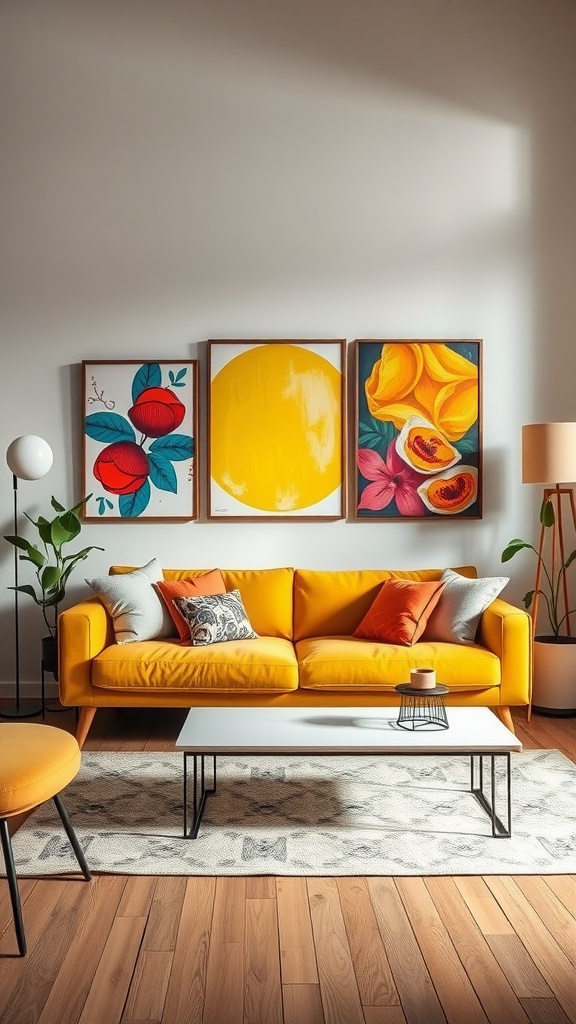 A living room featuring a mustard yellow sofa paired with vibrant wall art, showcasing multiple colorful paintings.