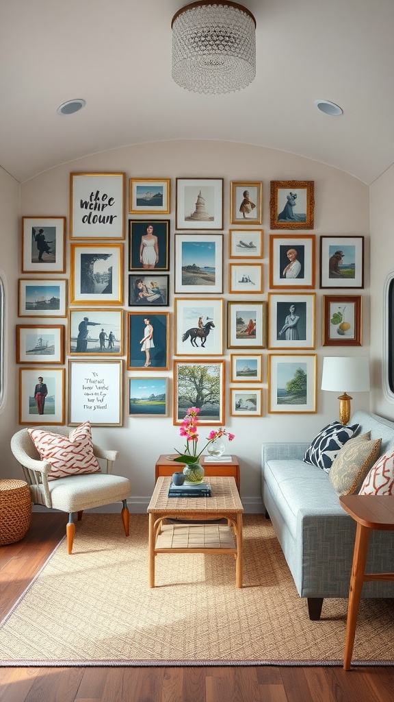 A cozy trailer house living room featuring a gallery wall with various framed artworks and photographs, a comfortable sofa, and stylish seating.