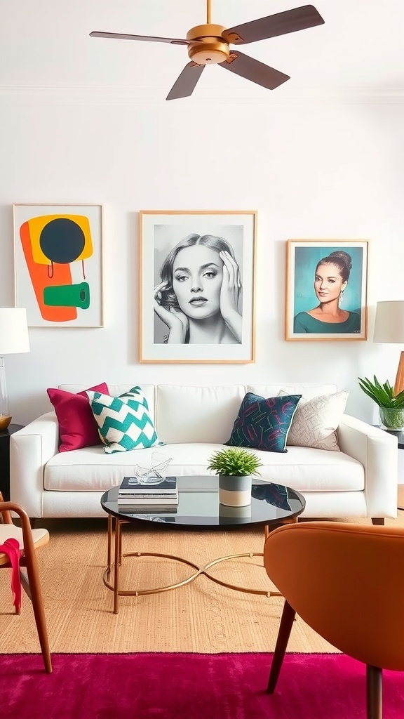 A stylish living room featuring a white couch, colorful wall art, and a round coffee table.