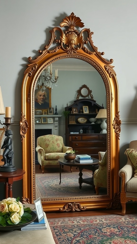 An ornate golden mirror reflecting a cozy old English living room