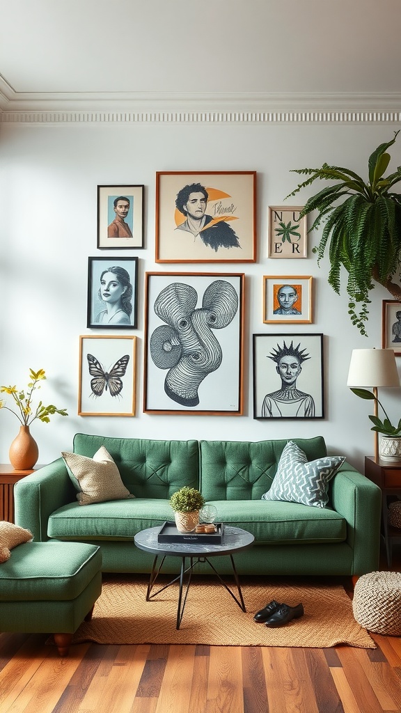 A cozy living room featuring a green sofa, a collection of artwork on the wall, and decorative plants.