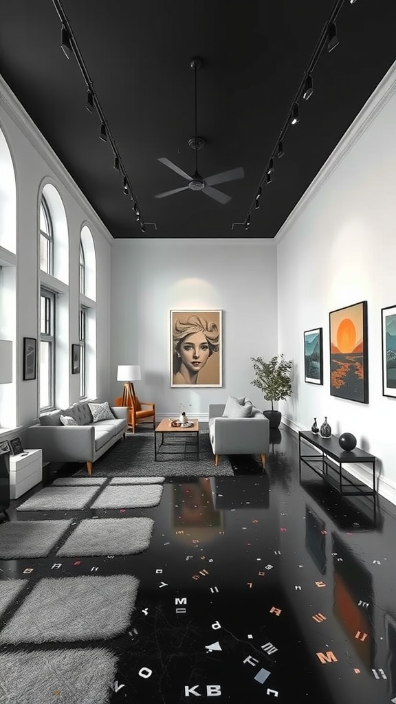 A stylish living room with black floor, artistic decor, and elegant furniture.